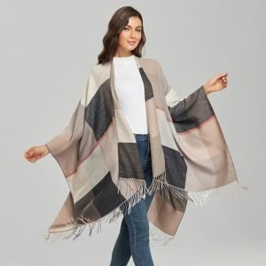 Poncho Femme Carreaux Beige