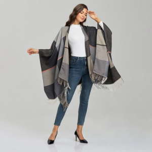 Poncho Femme Carreaux Gris