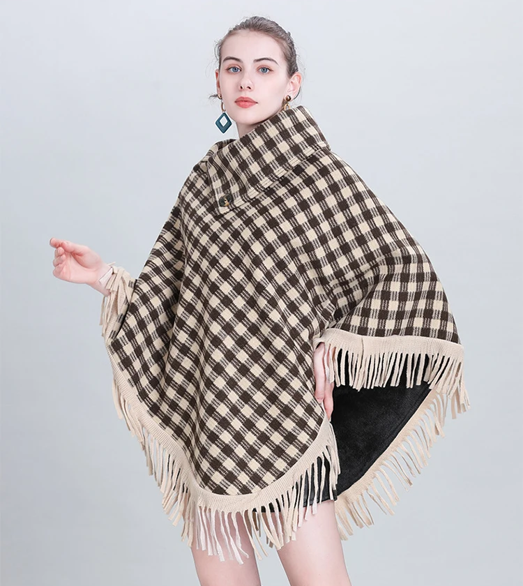 Poncho à Carreaux Beige et Noir