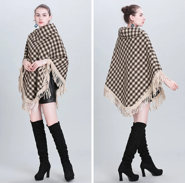 Poncho à Carreaux Beige et Noir