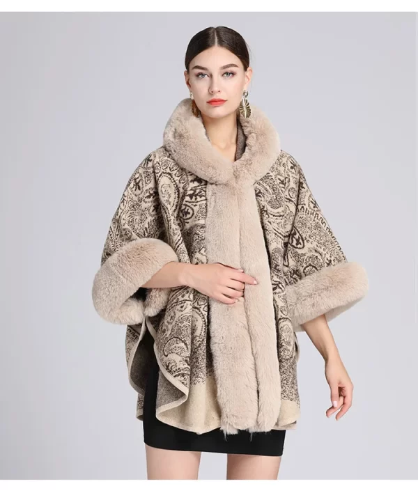 Poncho avec Capuche Fourrure Beige