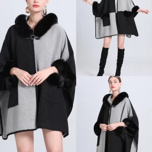 Poncho Capuche Fourrure Gris et Blanc