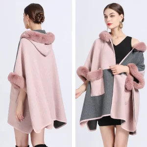 Poncho Capuche Fourrure Gris et Rose