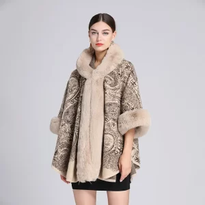 Poncho avec Capuche Fourrure Beige