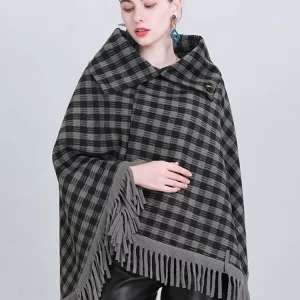 Poncho à Carreaux Gris et Noir