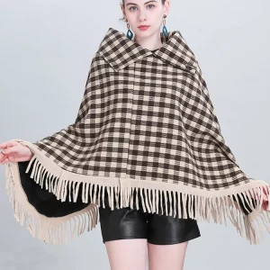 Poncho à Carreaux Beige et Noir