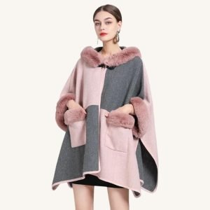 Poncho Capuche Fourrure Gris et Rose