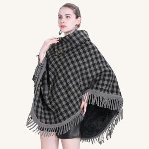 Poncho à Carreaux Gris et Noir