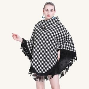 Poncho à Carreaux Noir et Blanc