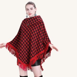 Poncho à Carreaux Rouge et Noir