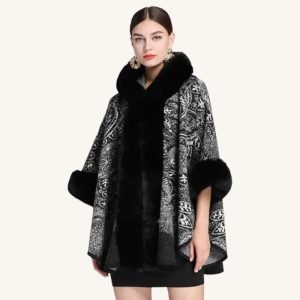 Poncho avec Capuche Fourrure Noire