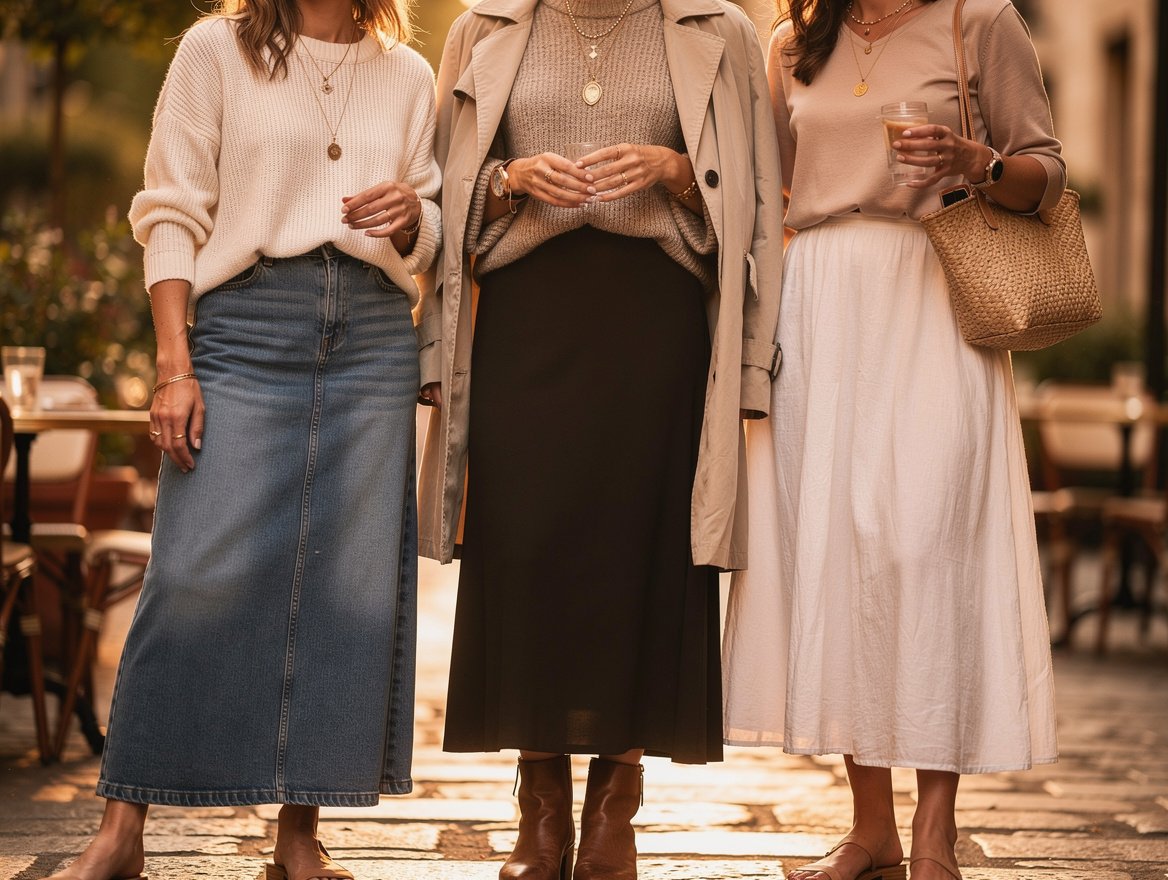 Comment porter une jupe longue en jean, noire ou blanche selon la saison – comment porter jupe longue